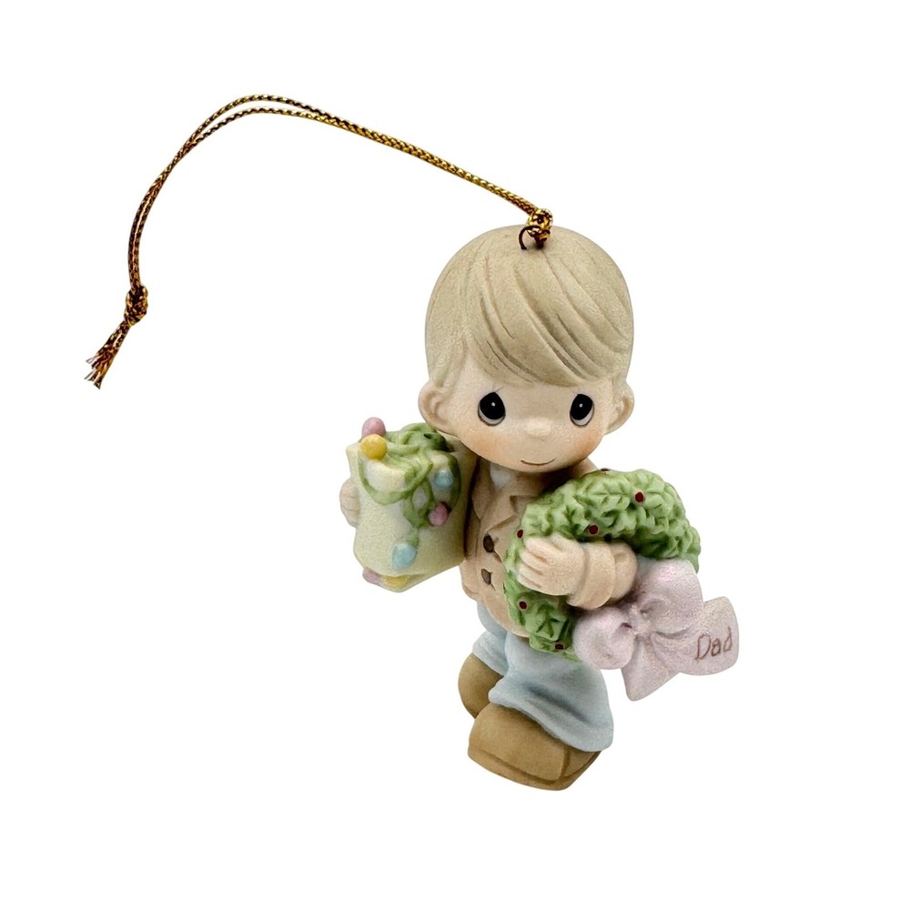 Precious Moments Boy with Wreath and Gift Dad Christmas Ornament 104786